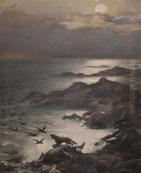 Notturno Su Scogliera Con Naufrago Oil Painting by Luigi Olivetti