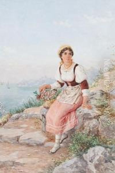 Portrait Of An Italian Peasant Girl Oil Painting by Luigi Olivetti