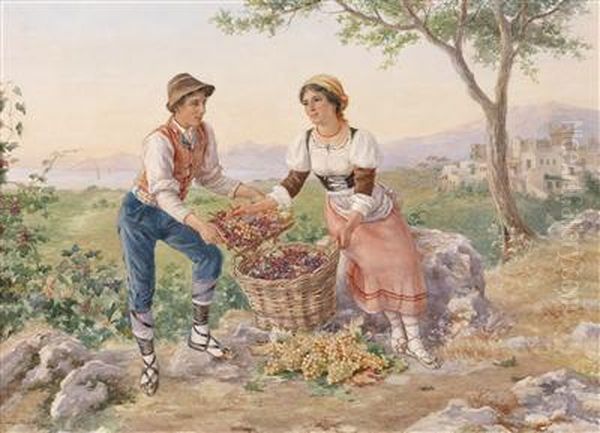 Ayoung Italian Couple Harvesting Grapes Oil Painting by Luigi Olivetti