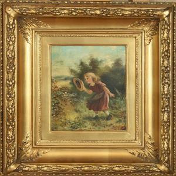 Girl Chasing Butterfly With Hat. Signed L. Olivie Oil Painting by Leon Olivie