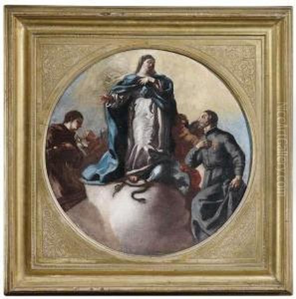 Immaculate Conception With Saint Anthony Of Padua And Saintcamillo Of Lellis. Oil Painting by Leonardo Antonio Olivieri