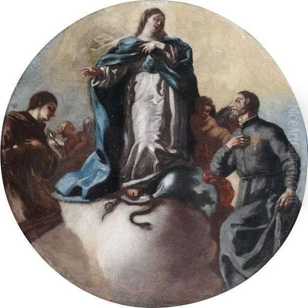 Immaculate Conception With Saint Anthony Of Padua And Saint Camillo Of Lellis. Oil Painting by Leonardo Antonio Olivieri