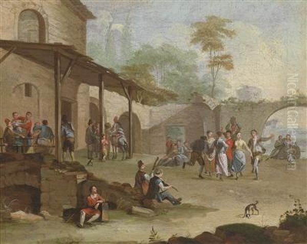 Market Scene In An Italian Town And Cheerful Dancing Group Before Ruins Oil Painting by Pietro Domenico Oliviero