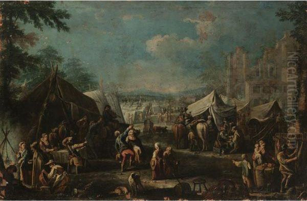 A Military Encampment Beside Some Ruins With Figures Dancing Andmaking Merry In The Foreground Oil Painting by Pietro Domenico Oliviero