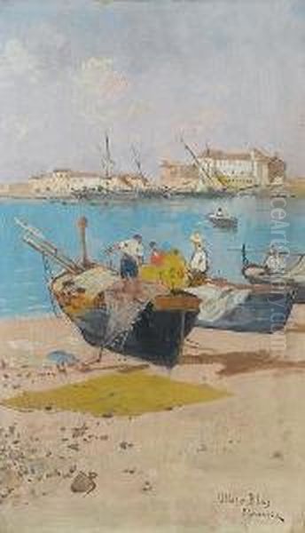 Boats By A Jetty Oil Painting by Blas Olleras y Quintana