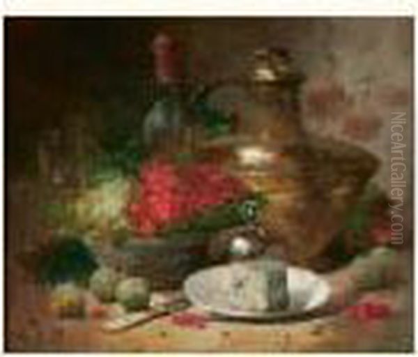 Nature Morte Aux Groseilles, Aux Prunes Et Au Cuivre Oil Painting by Augustin J. Ollivier