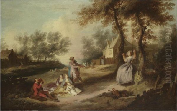 A Family Picnicking In A Landscape With A Gentleman Pulling A Ladyon A Swing Oil Painting by Michel-Barthelemy Ollivier