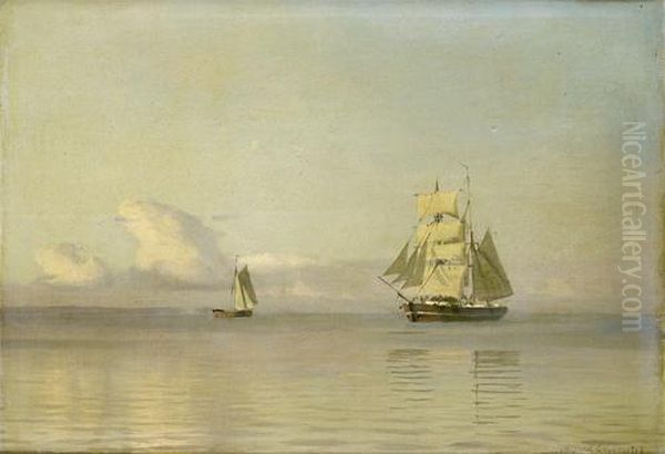 A Brigantine Almost Becalmed In A Faint Breeze Oil Painting by Alfred Theodor Olsen