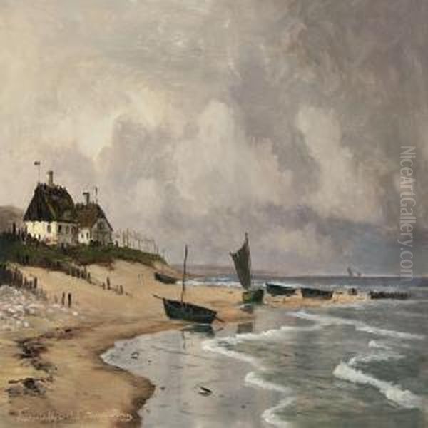 Danish Coast With Thatched House And Boats On The Beach Oil Painting by Alfred Theodor Olsen