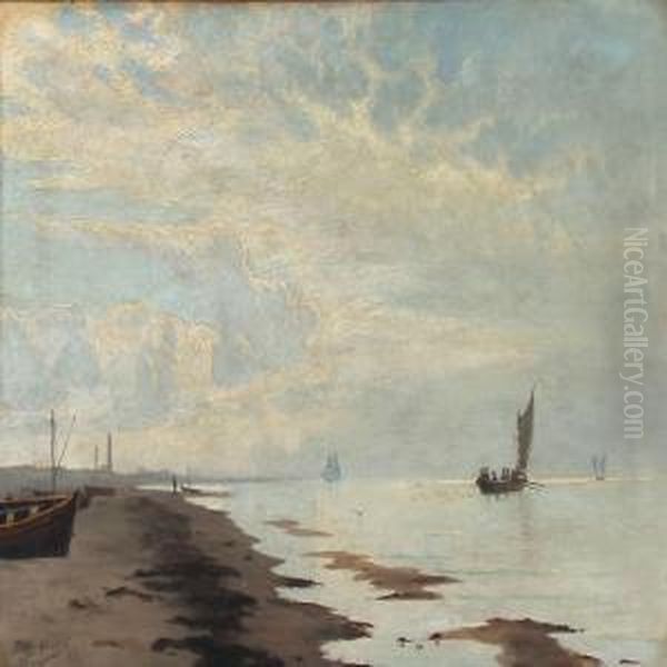 Coastal Morning Scene With A Fishing Boat Leaving Theshore Oil Painting by Alfred Theodor Olsen