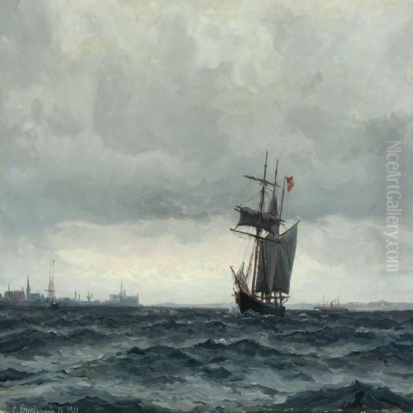 Schooner Off Kronborg Oil Painting by Christian Benjamin Olsen