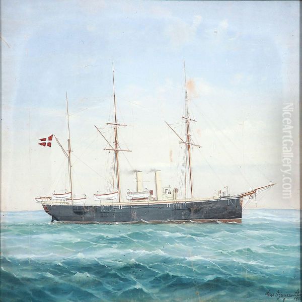 A Danish Steamer Oil Painting by Christian Benjamin Olsen