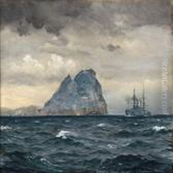 Coastal Scene From Gibraltar With A British Warship Oil Painting by Christian Benjamin Olsen