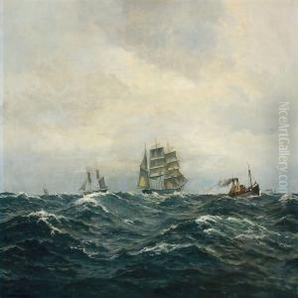 Sailing Ships At Sea Oil Painting by Christian Benjamin Olsen