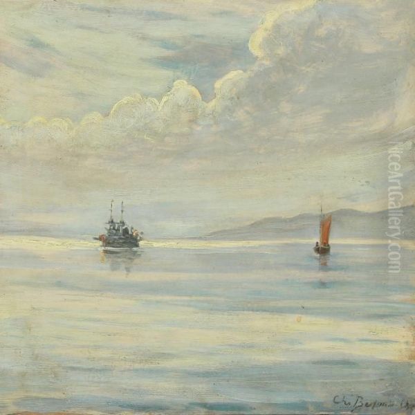 Seascape With Sailing And Motor Ships Oil Painting by Christian Benjamin Olsen