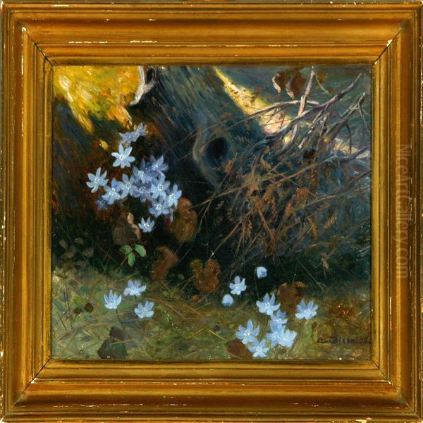 A Forest Floor With Blue Anemones At A Stumb Oil Painting by Carl Waldemar Olson