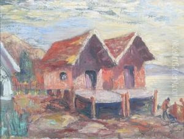 Fishing Shacks By A Wharf Oil Painting by Ragnar Olson