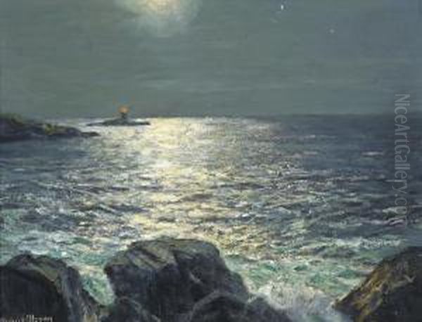 A Lighthouse At Dusk Oil Painting by Julius Olsson