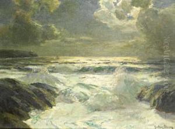 The Rushing Tide At The Lizard, Cornwall Oil Painting by Julius Olsson