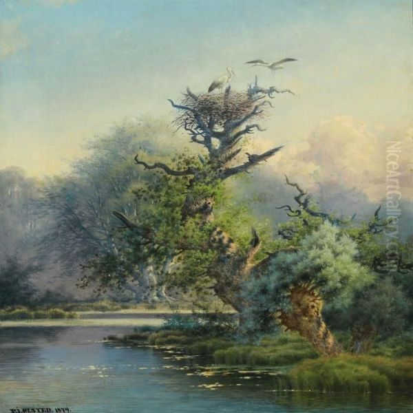 A Stork's Nest In An Oak Tree Oil Painting by Peter Olsted