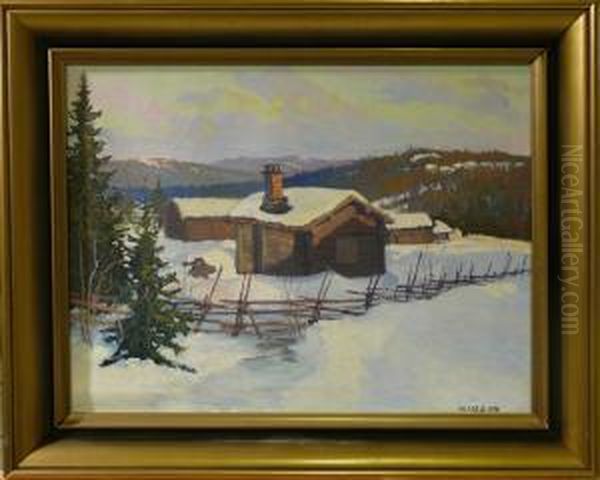 Stuga I Vinterlandskap. Oil Painting by Nils Olzon