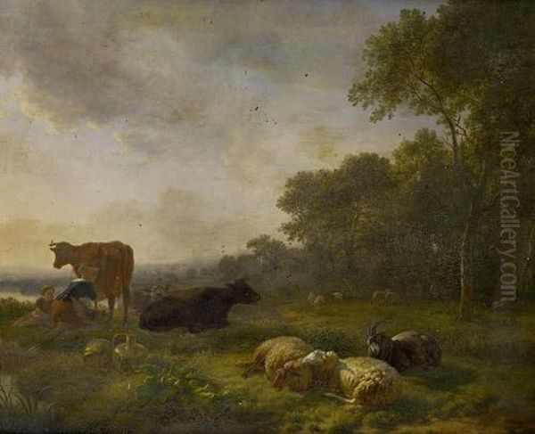 A Milkmaid And Cattle Before An Open Landscape Oil Painting by Balthasar Paul Ommeganck