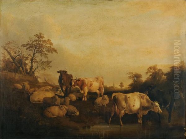 Cattle And Sheep At A Country Pool Oil Painting by Balthasar Paul Ommeganck