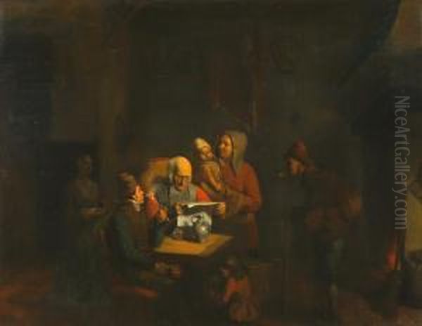 Interieur Met Een Oude Man Die De Krant Leest. Eromheen Een Familie Met Enkele Kinderen Oil Painting by Onbekende Meester