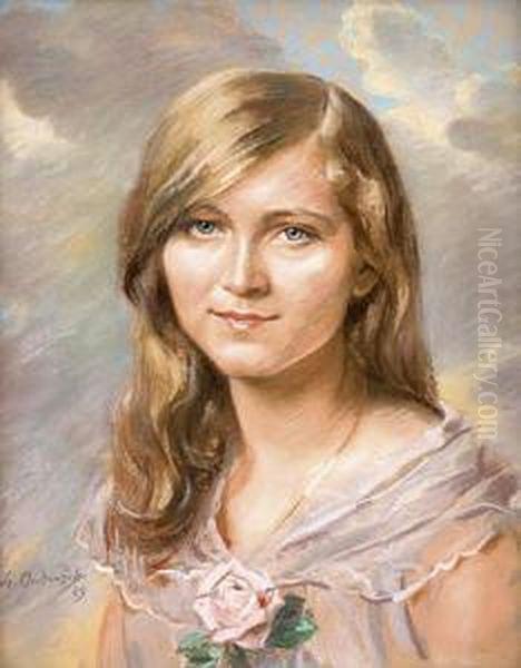 Portrait Of A Girl With A Rose Oil Painting by Frantisek Ondrisek