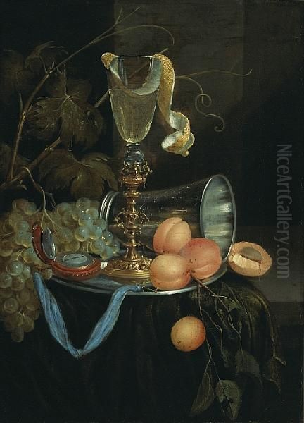 A Still Life With Apricots, Grapes, A Wine Glass And A Watch Oil Painting by Jan Onghers