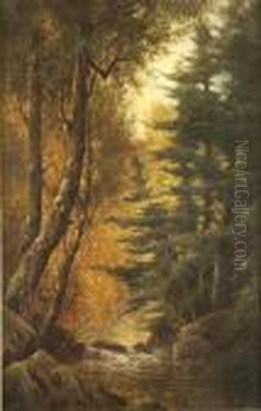 River Landscape In Autumn Oil Painting by William Ongley