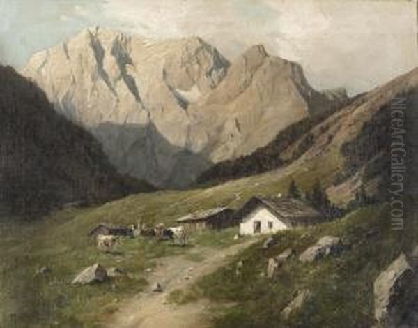 Alm Mit Hutten Im Gebirge. Oil Painting by Marie Onken-Palme