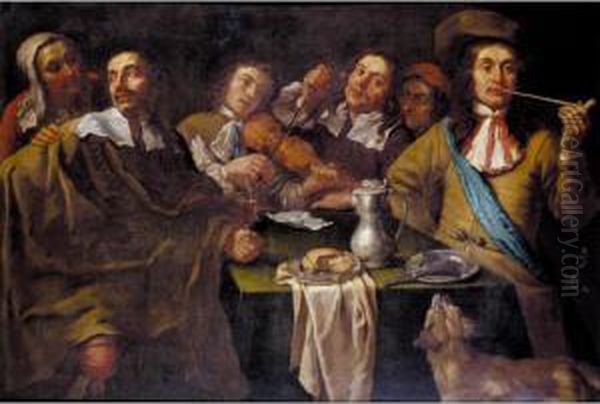 A Tavern Interior With Soldiers Merrymaking Around A Table Oil Painting by Gregorius Oosterlinck