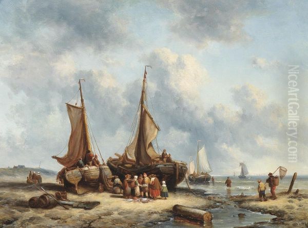 Fishermen Selling The Day's Catch On The Foreshore Oil Painting by George Willem Opdenhoff