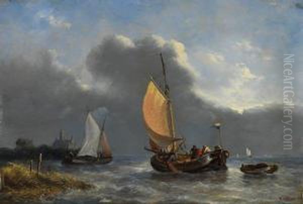 Segelboote Vor Der Kuste Oil Painting by George Willem Opdenhoff