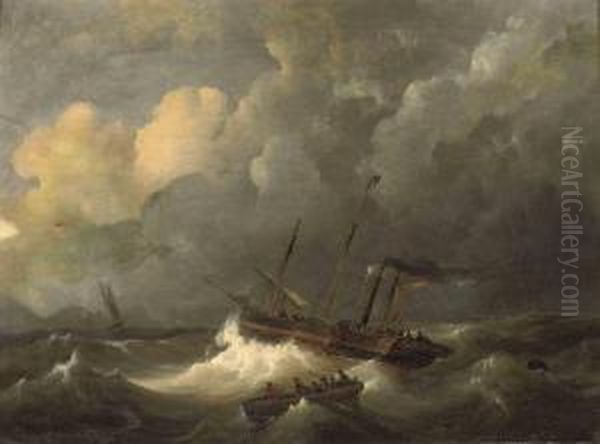 A Paddle Steamer And Other Ships In Rough Seas Oil Painting by George Willem Opdenhoff