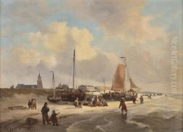 Fischer An Hollandischer Kuste Oil Painting by George Willem Opdenhoff