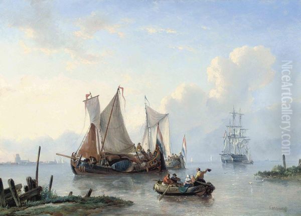 Dutch Vessels At The Mouth Of A River Oil Painting by George Willem Opdenhoff