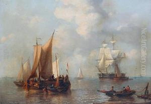 Dutch Shipping At Anchor Oil Painting by George Willem Opdenhoff