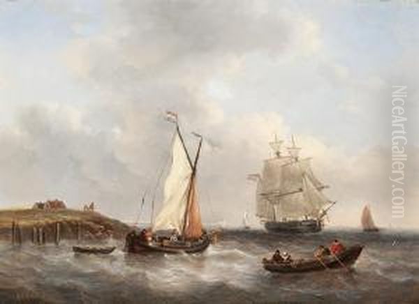 Ships On The Coast Oil Painting by George Willem Opdenhoff