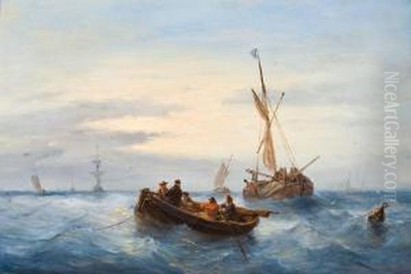 Roeiboot En Schepen Op Woelige Zee Oil Painting by George Willem Opdenhoff