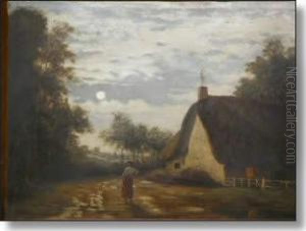 Moonlight Country Scene With Cottage And Figure Oil Painting by Edward Opie