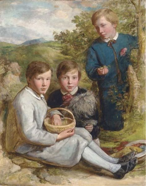 Portrait Of The Baxter Brothers Of Bedford, Full-length, Gatheringchestnuts With Their Dog Oil Painting by Edward Opie