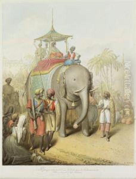 Un Nabab Et Son Entourage Transportes Sur Un Elephant Oil Painting by George Emmanuel Opitz