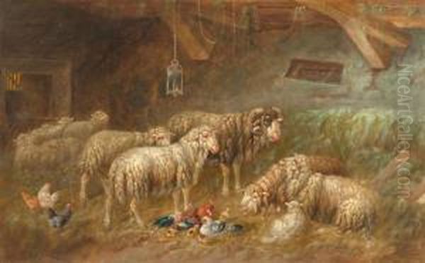 Sheep In Stall Oil Painting by J. Oppelts