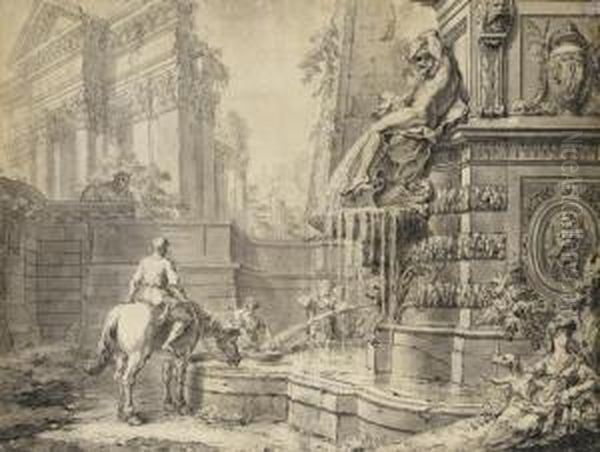 Caprice Architectural Avec Un Cavalier Abreuvant Son Cheval A Une Fontaine Oil Painting by Gilles-Marie Oppenord