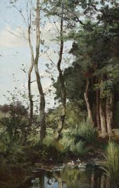 Eendjes Bij De Oever. Oil Painting by Willem Johannes Oppenoorth