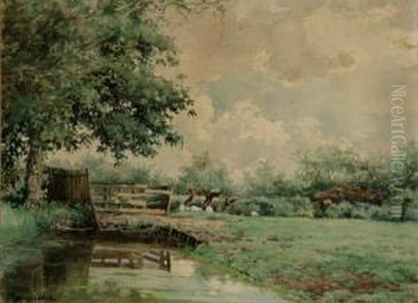 Sheep Grazing Beside A Creek Oil Painting by Willem Johannes Oppenoorth