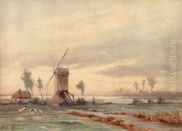 Windmill In A Polderlandscape Oil Painting by Willem Johannes Oppenoorth