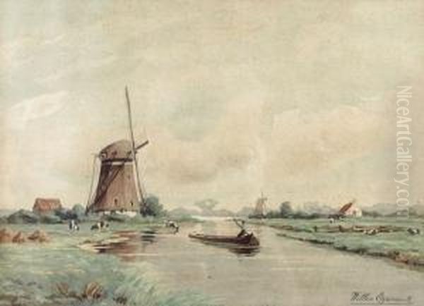 Windmill On A River Oil Painting by Willem Johannes Oppenoorth